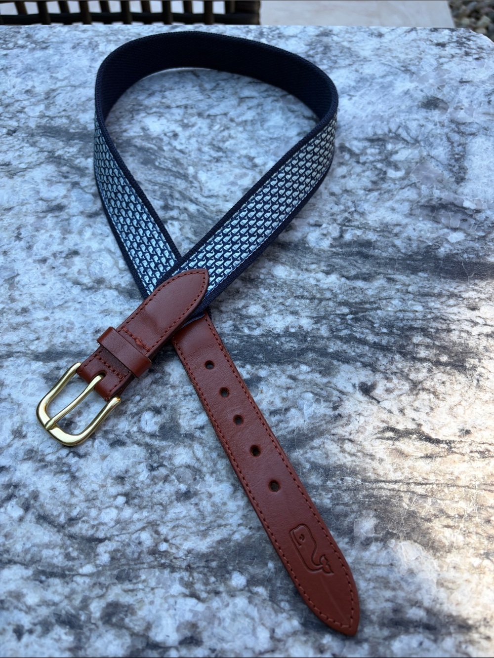 Vineyard Vines Navy Woven Belt with Brown Leather Trim and Brass Buckle Size 30